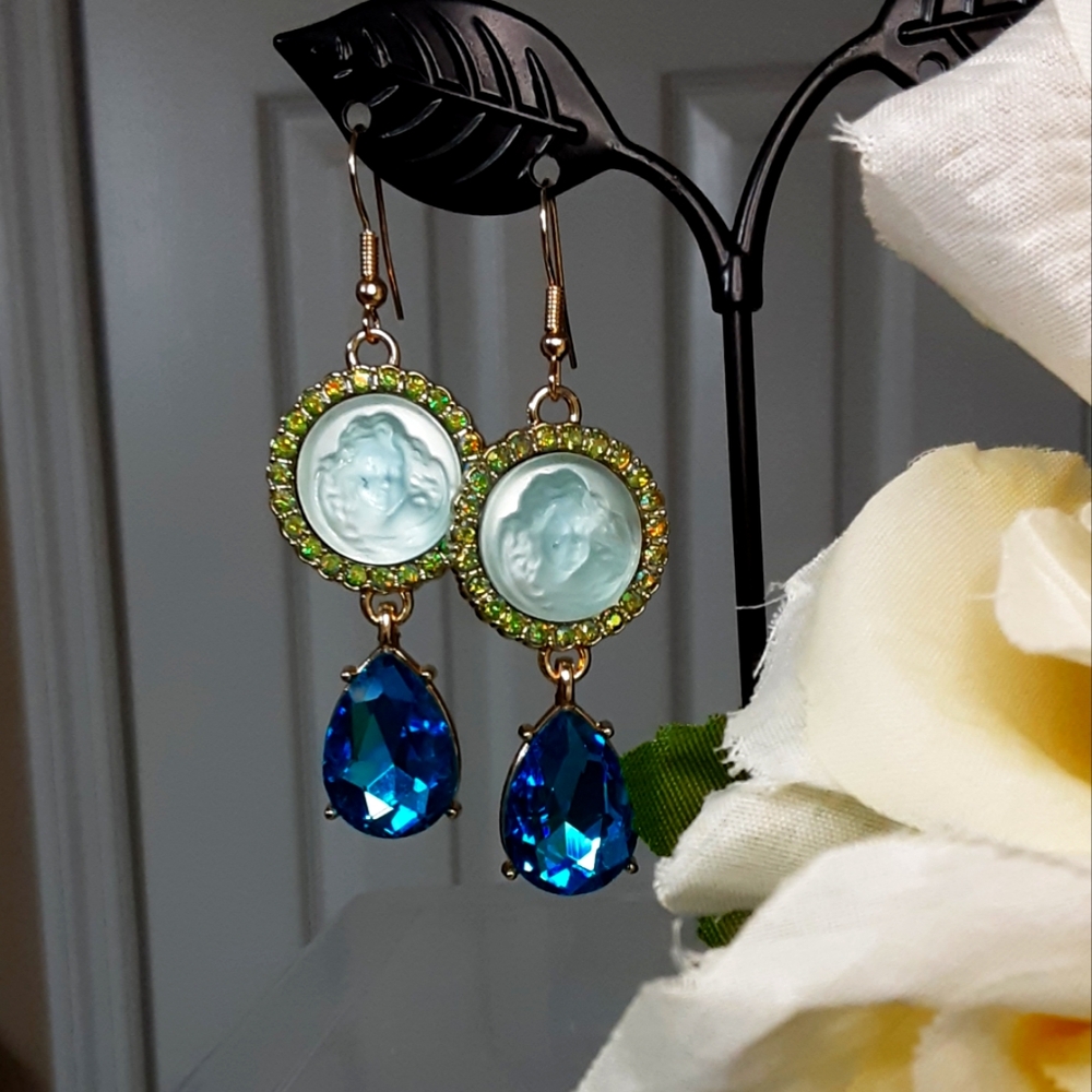 Handmade Angel Cameo Earrings Teal Blue Goldtone